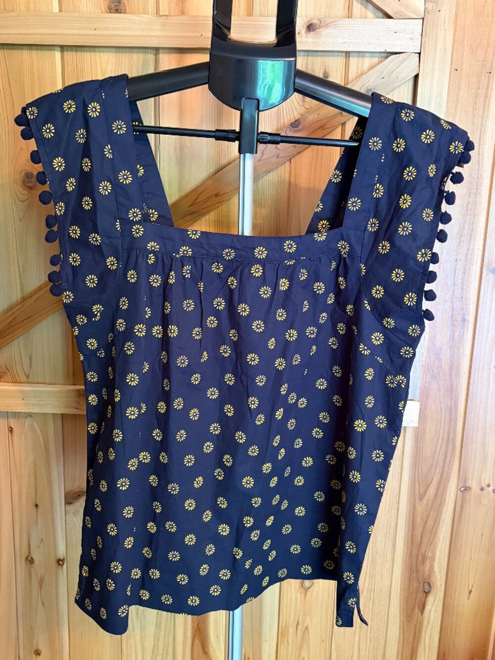 J. Crew Womens Blouse Size 6 Navy Blue Daisy Print Cap Sleeve Pom Pom Trim